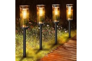 YAMYONE Lampy solarne na zewnątrz do ogrodu, 4 sztuki, solarne lampy do steków, wodoodporne, automatyczne włączanie/wyłączanie z ciepłymi białymi światłami, bateria 1000 mAh, dekoracja na podwórko,