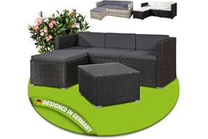 Juskys Lounge in polyrattan Punta Cana M resistente alle intemperie con divano 3 posti, sgabello, tavolo e cuscini per 3-4 persone - lounge da giardino Set di mobili da giardino nero/grigio