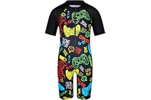 HUAANIUE Garçons Enfants Maillot de Bain 1 Pièce Anti-UV UPF 50+ Enfants Garçons Costume de Bain zippé à Manches Courtes 2-12 Ans