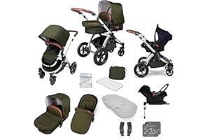 Ickle Bubba Stroller, Baby Travel System | Bundle incl Rear and Forward-Facing Pushchair, Car Seat, ISOFIX Base, Carrycot, Footmuff and Raincover | Stomp V4 Special Edition, Woodland Chrome