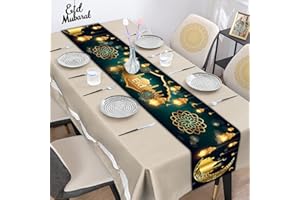 KEPMOV Eid Mubarak Table Runner, Eid Mubarak Decorations for Home Table Green Gold Table Runner Eid Mubarak Table Decorations Mubarak Moon Table Cover for Islamic Festival Party Supplies Decor, 180 x 35 cm