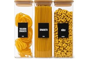 Deco Haus® Juego de 3 Tarros de Cristal para Espaguetis 2300ml - Botes con Tapa para Almacenaje en Cocina [+ETIQUETAS]