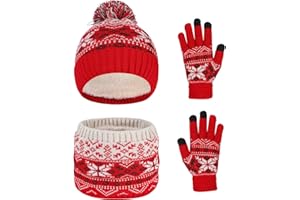 Waylipun Kinder Wintermütze Schal Handschuhe Set, 3 in 1 Warm Winte Strickmütze Kinder Mütze Set mit Plüsch Innenfutter für 2-7 Jahre Kinder Jungen Mädchen