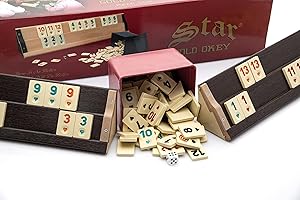 TruWare Just Camp Rummy Spiel Set Holzoptik mit 106 Steinen | Rommé Star Okey Gold dunkel Gesellschaftsspiel Legespiel mit Würfel