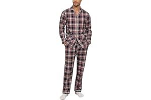 MoFiz Pijamas Largo Hombre Invierno Algodón Conjunto de Pijama con Botones a Cuadros Suave Ropa de Dormir Manga Larga Camisetas de Pijama y Pantalones con Bolsillos