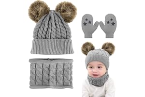 Yutdeng Baby Toddler Knit Beanie Neck Warmer Gloves 2PC/3PC Beanie Hats Mittens with Circle Scarf Baby Winter Warm Pompom Cap 0-24 month