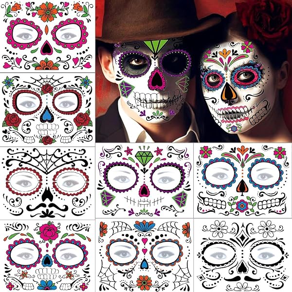 HEREER Tag Der Toten Masken Set – 2 Stück Vollgesichtsmaske Sugar Skull, Halloween & Cosplay