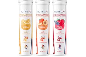 NUTRI & CO Électrolytes Hydratation - 5 Minéraux 4 Vitamines - Sans Sucre ni Édulcorant - Haute Absorption - Triple Goûts - Lot de 3 tubes - 45 comprimés effervescents Vegan Fabriqué en France