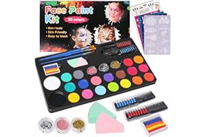 Hovineumoo Colori Trucco Viso Bambini, 20 Colori Pittura Facciale con Stencil, Glitter, Capelli Gesso e Pennelli, Kit Trucco Corpo Face Painting Bambini, Truccabimbi Set per Festa, Pasqua, Halloween