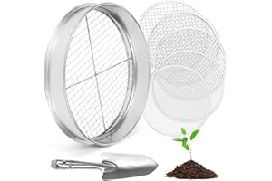 Zoelele Setaccio Terreno per Giardinaggio, Setaccio Terreno in Acciaio Inox da 12 Pollici con 5 Schermi Fine Sostituibili, Guanti e Pala, Setaccio Sabbia, 3mm, 5mm, 8mm, 10mm, 12mm (Argento)