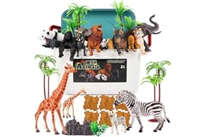 TOEY PLAY 52PCS Animal Figures Toys for Kids, Large and Small Wild Jungle Safari Animals Zoo Toy, Animal Mother and Child Set, Soil Blocks, Carry Case, Gifts for Kids Toddlers 3+ Years Old