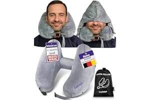 ‎LUNAP lunap Nackenkissen Flugzeug aufblasbar GRÖßE L Nackenkissen Aufblasbar mit Kapuze | Nackenhörnchen Erwachsene Grau | Reisekissen zum aufblasen | Neck Pillow | Reisekissen Flugzeug Kissen