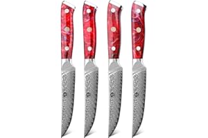 WILDMOK Juego de cuchillos para bistec de Damasco de 12 cm, 4 cuchillos de cocina para bistec profesionales afilados, de acero Super VG10 japonés con mango G10 de espiga completa