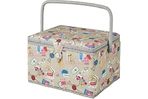 SEWING ONLINE Large Grey Notions Sewing Box, Contemporary Multi-coloured Pattern Fabric, 23.5 x 31 x 20cm