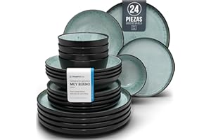 PURE LIVING INTERIOR DESIGN Juego de Vajilla de Steingut Ibiza para 6 Personas - 24 Piezas, Set de Vajilla para Lavavajillas y Microondas - Moderno Juego de Platos - Servicio de Pure Living en verde salvia