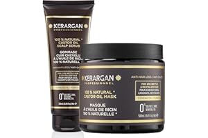 Kerargan - Dúo Anti-Caída Mascarilla y Exfoliante con Aceite de Ricino Para Cabello Seco, Quebradizo y Sin Vida - Fortalece y Favorece el Crecimiento - Sin Sulfatos, OGM y Siliconas - 500ml + 250ml