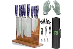 FULLHI Juego de 15 Cuchillos Japoneses con Portacuchillos Magnético, Hojas de Acero Inoxidable Japonés, Mangos Ergonómicos de Resina Púrpura para Cocina Profesional y Casera