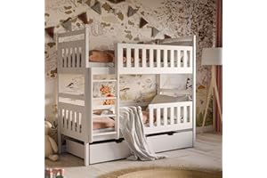 ‎KIDS COLLECTIVE Kids Collective Hochbett 80x180 | 90x200 cm mit 2 Schubladen Etagenbett mit Rausfallschutz und Lattenrost, umbaubar in Zwei Kinderbetten, aus Vollholz massiv in weiß, Funktionsbett 180x80