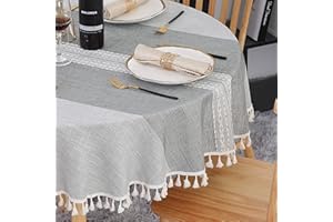 SUCHDECO Lniany obrus okrągły, 140 cm, zmywalny, bawełniany, nie gniecie się, pyłoszczelny, z frędzlami, haft w paski, do kuchni, jadalni, stołu kawowego, stołu ogrodowego, szary