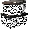 SOFTILLO Cardboard Storage Boxes with Lid Decorative Wardrobe, Closet, Home & Office Organiser with Handle Flat-Packed, Stackable File Box Gift for Adults & Kids Set of 2 Large Geometric Maze