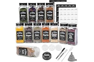 LXUDN Gewürzgläser Set Eckig 12er 120ml Schwarz Deckel,Gewürzdosen mit DIY Etiketten,Streueinsatz, Kreidestif, Trichter & Bürste, Gewürzstreuer Gewürzbehälter Spice Jars