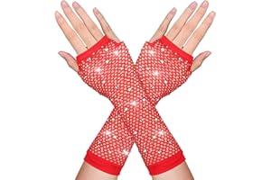 DIVINA VITAE Fishnet Rhinestone Fingerless Gloves - 80s Fashion Arm Sleeves Sparkly Mesh Gloves for Women & Kids