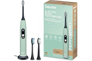 ‎BEURER Beurer SC 50 Schallzahnbürste, elektrische Zahnbürste mit 5 Putzmodi & Andrucksensor, 80.000 Schwingungen, Display mit Putzdauer-Anzeige, inkl. 2 Aufsteckbürsten, 100% recyceltes Gehäuse (Peppermint)