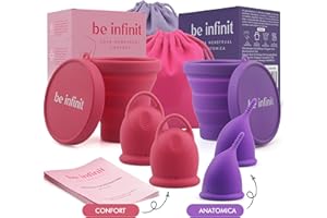 CACHUERA Copa menstrual'BE INFINIT un modelo para cada estilo-tus días relajados-tus días de exigencias, Ideal deportistas-2 copas+vaso esterilizador+bolsa portable-2 modelos-SILICONA GRADO MEDICO-ANATÓMICA L