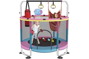 GT GETCO TECH Trampolin Kinder, 150cm Kinder Trampolin Outdoor/Indoor, 200kg verstellbares,mit Basketballkorb und Gehäuse,Geschenke für Jungen und Mädchen Rosa