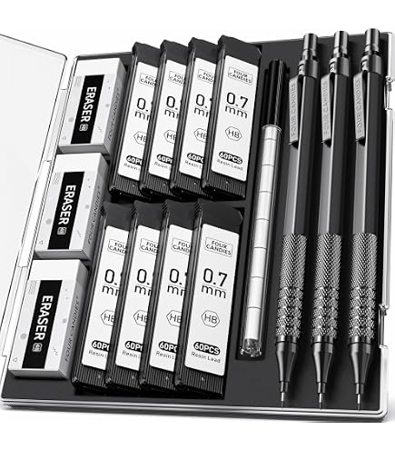 Set Portamine 0,3/0,5/0,7/0,9 Mm Con 48 Mine HB E 2 Gomme – Kit 10 Pezzi Per Scrittura, Disegno E Schizzi, Con Anello Indicatore Durezza