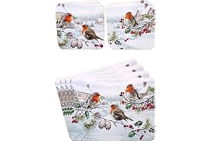TAMERSGIFTS Sets of 4 Placemats with 4 Matching Coasters (Christmas Robin Placemats and Coasters)