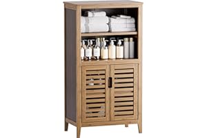 HITNET Szafka łazienkowa bambusowy, stojąca szafka kuchenna z drzwiami i 2 ruchomymi półkami, boczny organizer do przechowywania z bambusa, orzech włoski