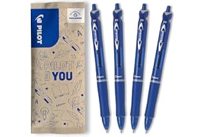 PILOT - Lot de 4 Stylos Acroball - Stylo-bille à Encre ultra Douce pour une fluidité d’Écriture inégalée - Stylo Rechargeable et Rétractable en plastique recyclé - Bleu - Pointe Moyenne