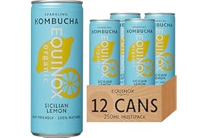 Equinox Kombucha Sicilian Lemon (12 x 250ml) | Brewed in UK with SCOBY, Green Tea & Raw Cane Sugar | Sparkling Live Cultured Probiotic Drink for Gut Health | No Sweeteners & 100% Natural