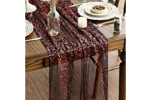 Artoid Mode Gaze Tüll Glitter Folie Schwarz Rot 3 Stück Halloween Tischläufer 70x300 cm, Küche Tisch Dekoration Drinnen Urlaub Party Dekor