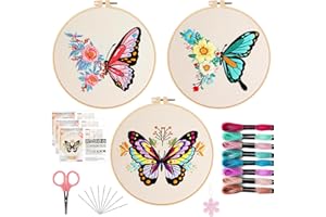 Offizon 3 PCS Embroidery Kit for Beginners - Cross Stitch DIY Craft Set, Embroidery Accessories & Hoop Included, Hand Embroidery Kit for Adults Stitching Sewing Kit Gift | ButterflyA Patterns