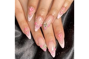 GlamRays 24pcs French Tips Press on Nails Medium Almond Fake Nails with Flower Design Pink Bow Glue on Nails Butterfly Charm