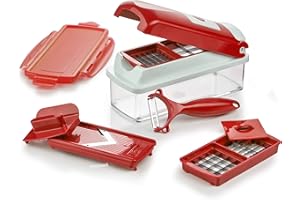 Genius A33806 Nicer Dicer Smart Krajalnica do Owoców i Warzyw, do Krojenia w Kostkę, 9 Elementów, Czerwony/Srebrny