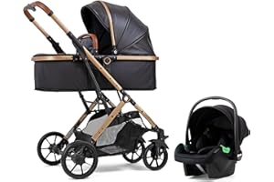 Pixini Kinderwagen Lania 3in1 Kombikinderwagen, inkl. Babywanne & Buggy & Auto-Babyschale & Cupholder/Adapter (gold/schwarz)