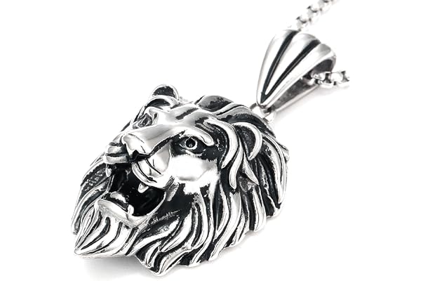 DonDon Collier Homme en Cuir avec Pendentif Lion en Acier Inoxydable dans Une Pochette en Velours