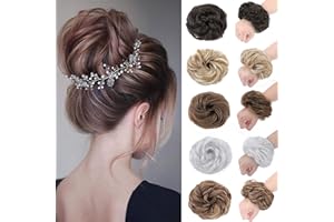 SILK-CO Moño Postizo Rizado con Goma (Más Grueso) 1PCS Se Ve Natural Coletero Peinado Alto Extensiones de Pelo Sintético Rizado Ondulado Postiz-45g-#Marrón y Rubio Oscuro