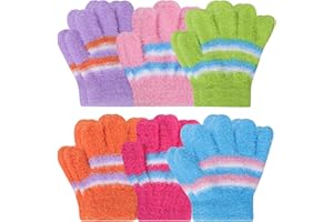 Fjquamitix 6 Pairs Kids Winter Gloves, Plush Colorful Striped Knit Glove, Thermal Stretchy Full Fingers Magic Gloves for Boys Girls