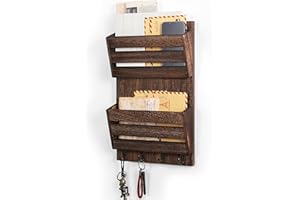 MOOACE Mail Organizer Wall Mount with Key Hooks, 2-Slot Wooden Mail and Key Holder for Wall Decorative, File Letter Hanging Organizer Shelf Home Farmhouse Decor for Entryway Office