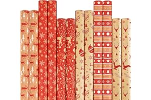 CHEPULA 12 Rouleau Papier Cadeau Noel, 1m x 42cm Papier Emballage Cadeau Noel, Vintage Papier Noel Demballage, Recyclable Kraft Papiers Cadeaux de Noel, Rouge & Brun