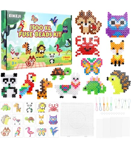 Kit Perles à Repasser 10mm EIKEJI - 1500 Perles XL Avec 15 Motifs Animaux - Pour Enfants Dès 3 Ans
