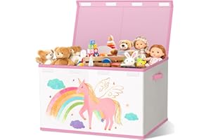 VERONLY Toy Storage Box with Lids for Girls Boys - Fabric Large Kids Toy Chest Container, Foldable Basket Organsier with 2 handles for Toys,Books,Blankets,Clothes (Beige&Pink)