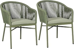 BrackenStyle Fleet Rope Arm Chairs - Rope Weave Seat with Durable Metal Frame - Comfy Seat Cushion Included (Set of 2, Green)