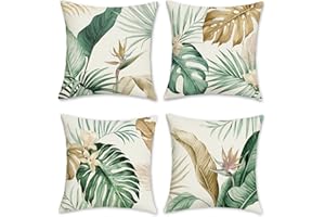 Bonhause Federe per Cuscini Foglie Tropicali 45 x 45 cm Copricuscini Foglia Verde Marrone Poliestere Biancheria Federa per Cuscino Divano Casa All’aperto Decorazione Set di 4