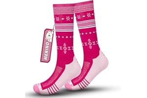 RAHHINT Calcetines de esquí para niños, calcetines de lana Merino para niños y niñas, calcetines de compresión transpirables hasta la rodilla acolchados gruesos OTC para deportes de invierno al aire libre