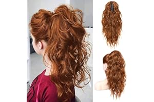 FLUFYMOOZ Ponytail Extension, 18 Inch Claw Clip Ponytail Extension, Wavy Curly Claw Clip in Ponytail Hair Extensions, Synthetic Hairpiece for Women (Cooper red)